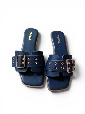 Soda Navy Slide Mules with Gold Buckles